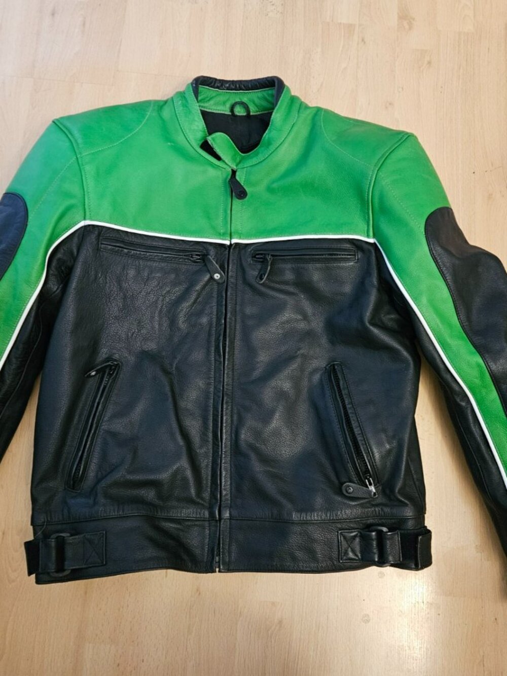 Raider Leather Motorcycle Jacket Size 44 Black Green Removable Liner